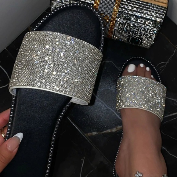 Sparkling Rhinestone Flat Slide Sandals Silver/black 6.5 - Picture 6 of 10